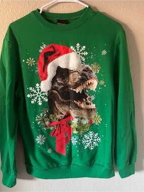 Fifth Sun Green Crewneck Sweatshirt with Festive T-Rex Graphic Christmas Size S